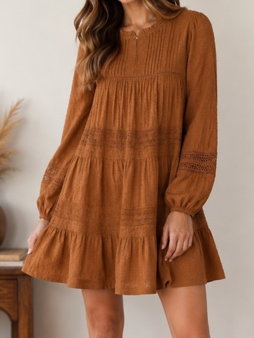 Old Navy Boho Baby Doll Dress Sz M Rust Brown Long Sleeve Lace Trim Cottagecore